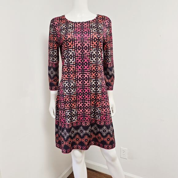 Jean-Pierre Klifa Dresses & Skirts - Jean Pierre Klifa Stretch Dress Size M Geometric Travel 3/4 Sleeve Daphne Shift